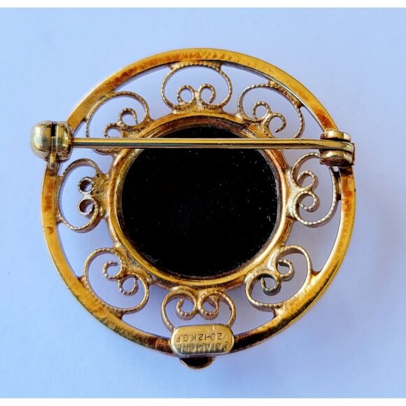 Catamore Brooch Onyx Scroll Work Pin 1/20 12K Gold Filled Setting - Picture 2 of 4